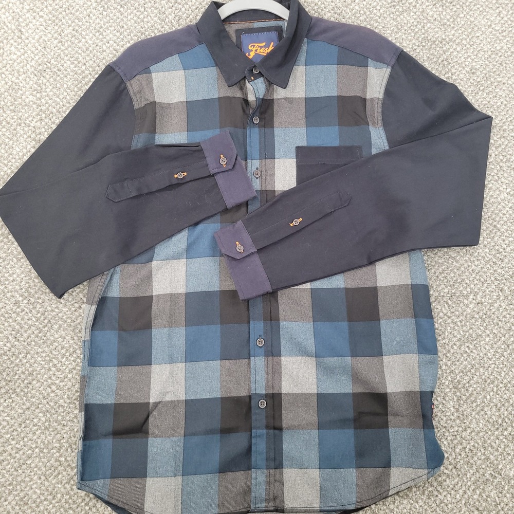 Fresh Mens Large Blue Plaid Mixed Media Long Sleeve Button Down Western Shirt